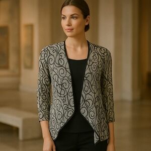 Anthro Valia Gray Black Abstract Swirl Print Open Front Cardigan Lightweight‎ S